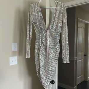Nude silver sequin stripe Drape Mini Dress